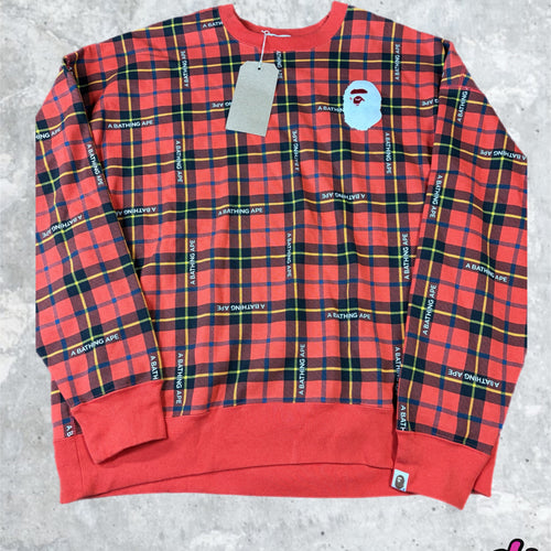 BAPE Logo Check Red Loose Fit Crewneck Sweater Size MD