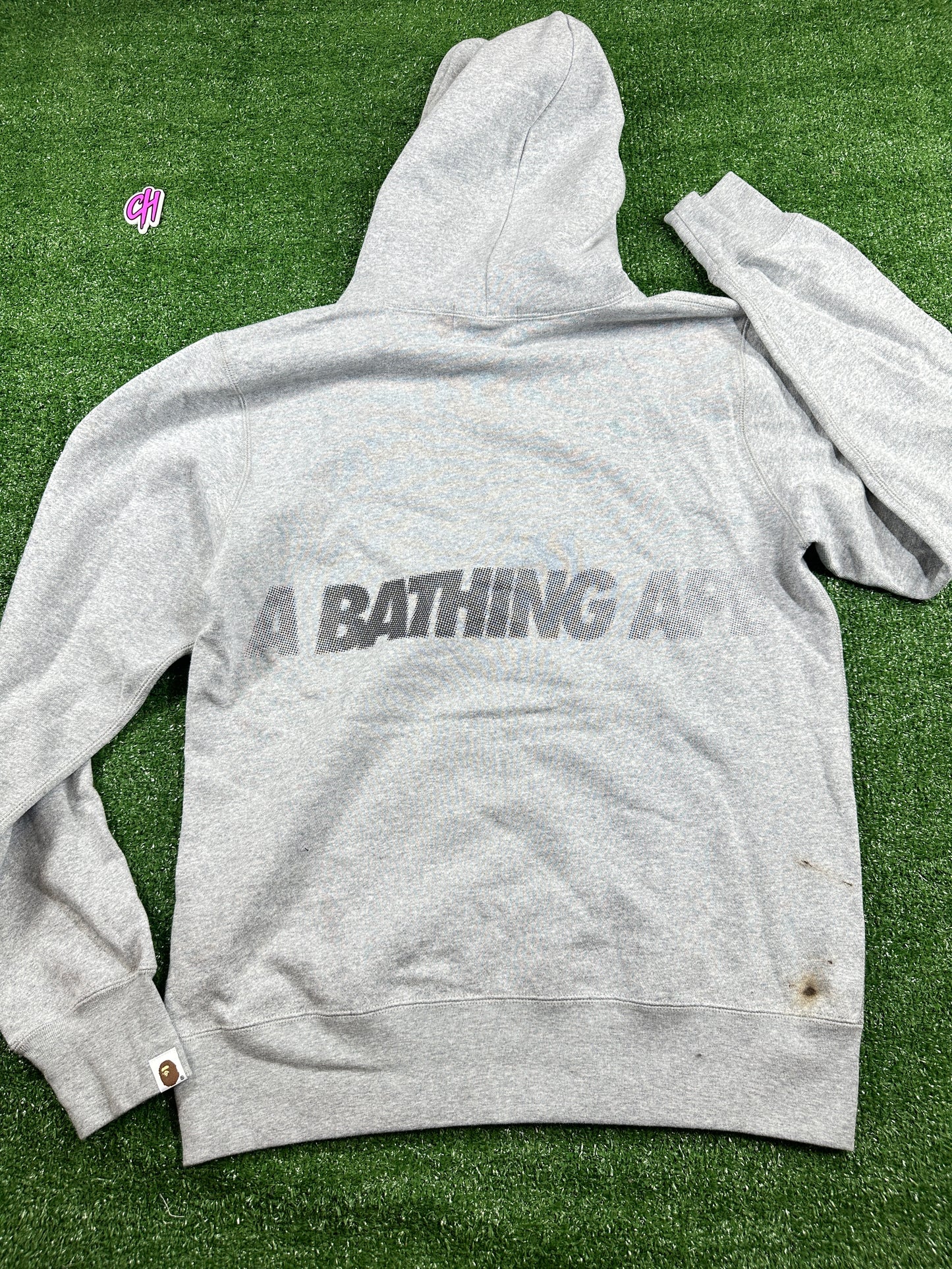 BAPE Grey 'Fading Logo' Pullover Hoodie (STAINED) - Size Large