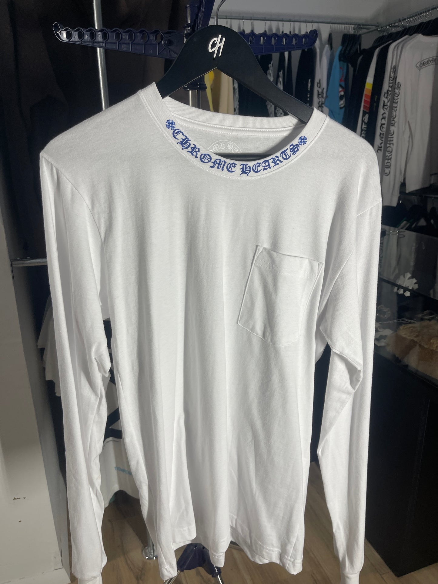 Chrome Hearts Blue Neck Logo White L/S Shirt - Size Medium Brand New