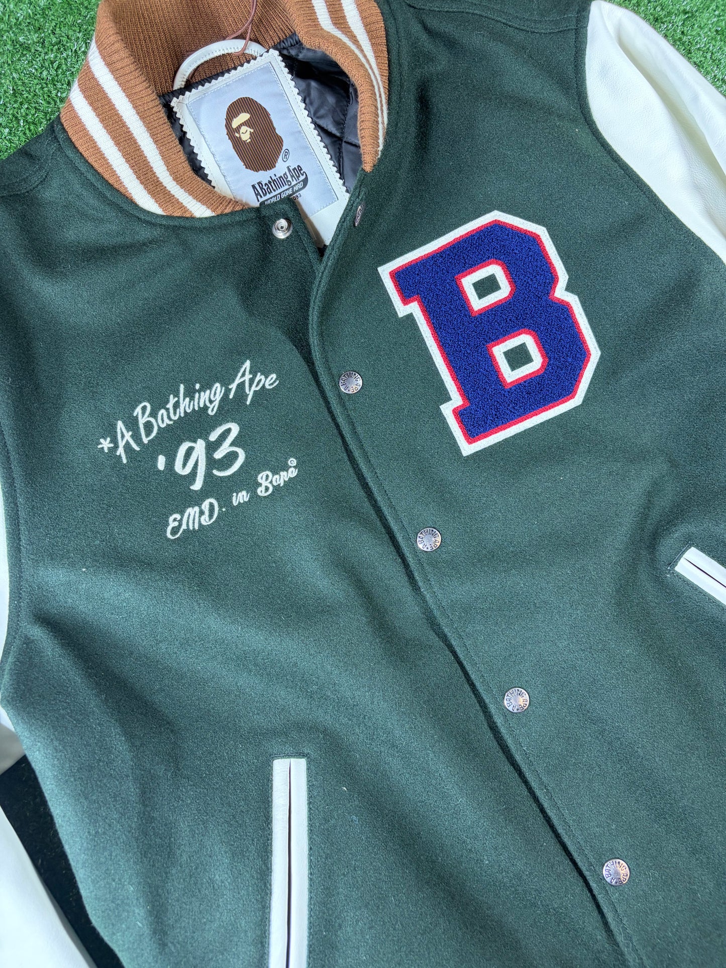 Bape X END. 'Bowling Pins' Green Varsity Jacket Size XL