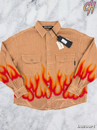 Palm Angels Burning Flames Herringbone Shirt Size Medium (MSRP: $1,190)