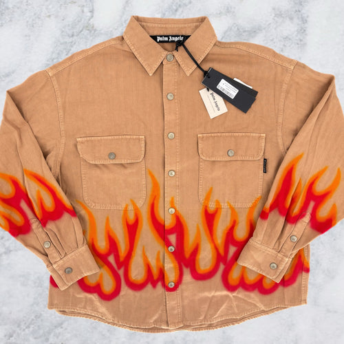 Palm Angels Burning Flames Herringbone Shirt Size Medium (MSRP: $1,190)