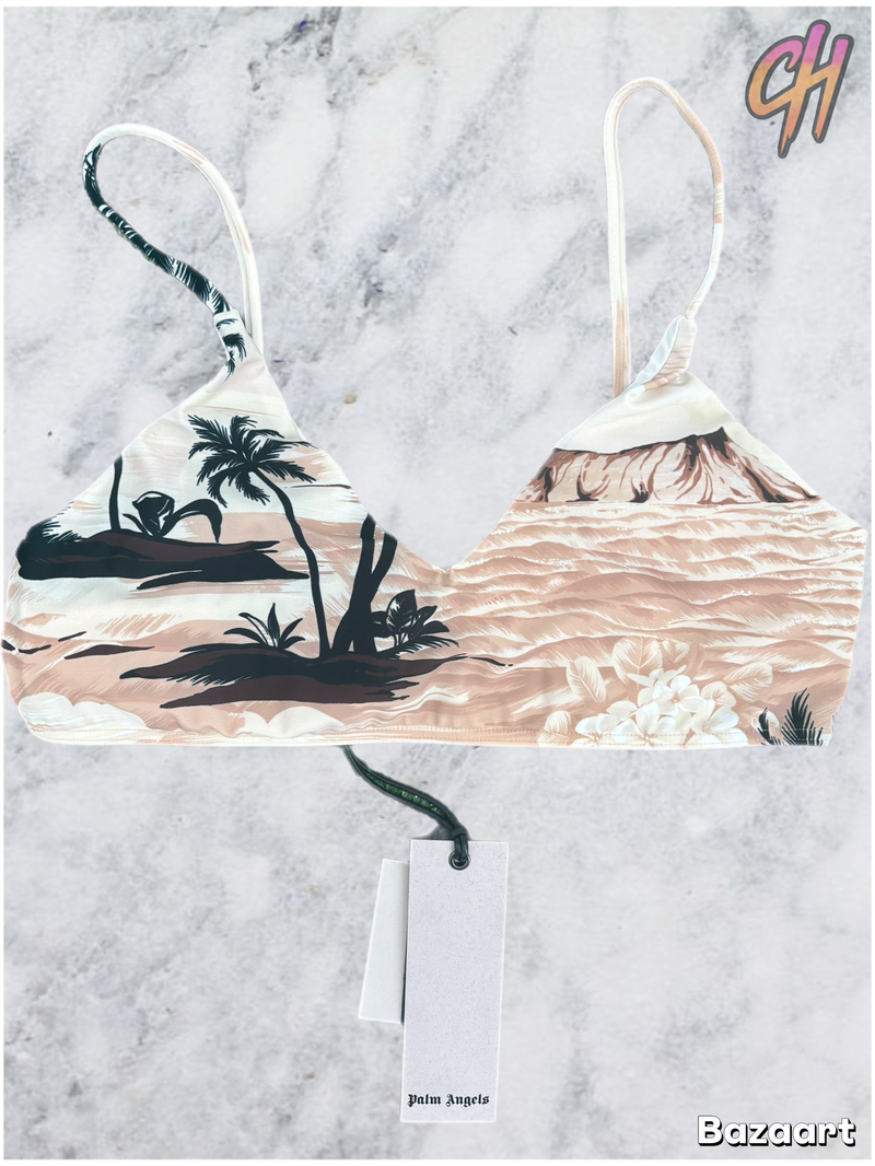 Palm Angels Women's Hawain Dream Beige Bikini Top Size Large