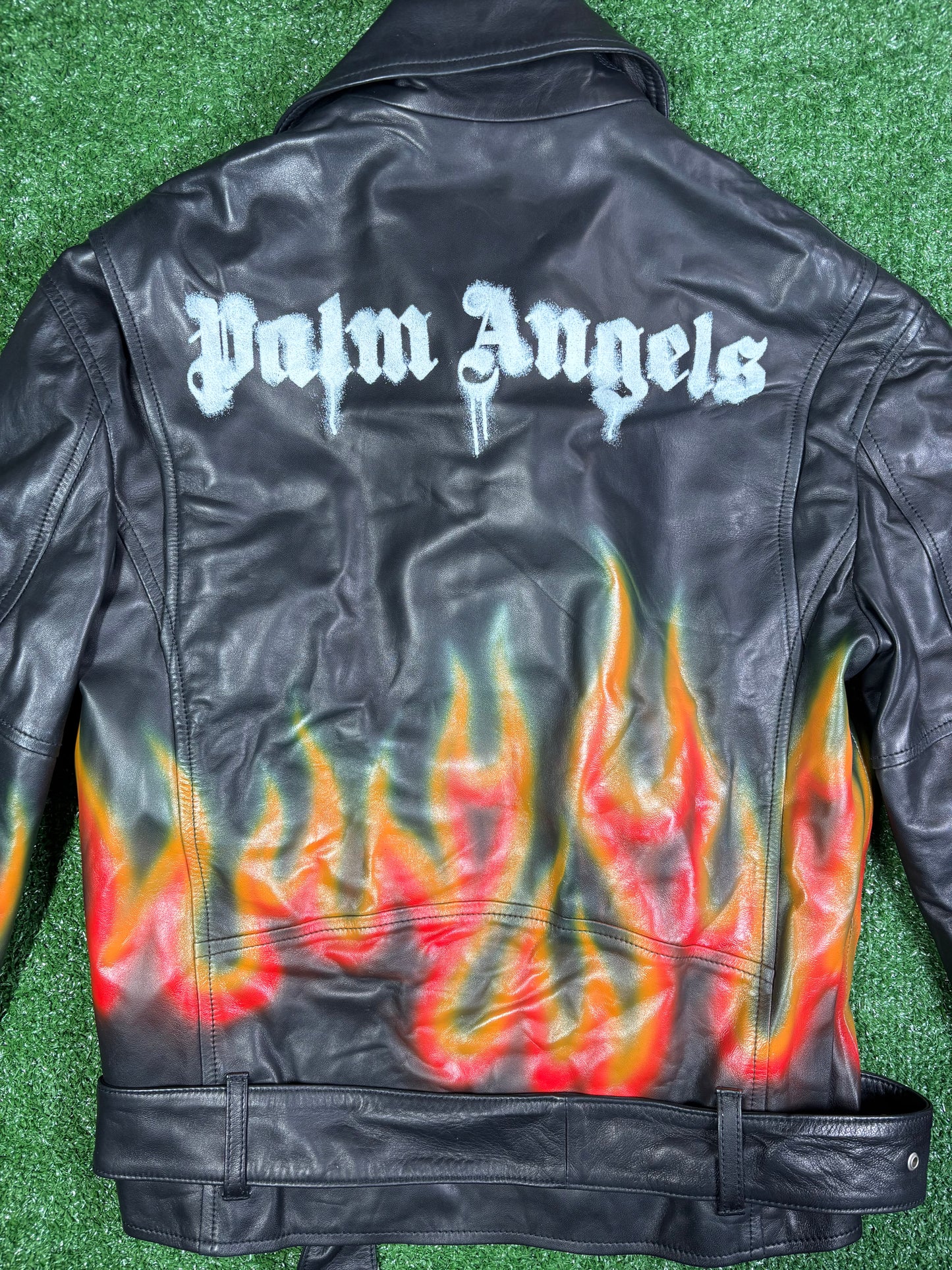 Palm Angels Burning Perfecto Logo Leather Jacket Size Small (MSRP:$3,590)