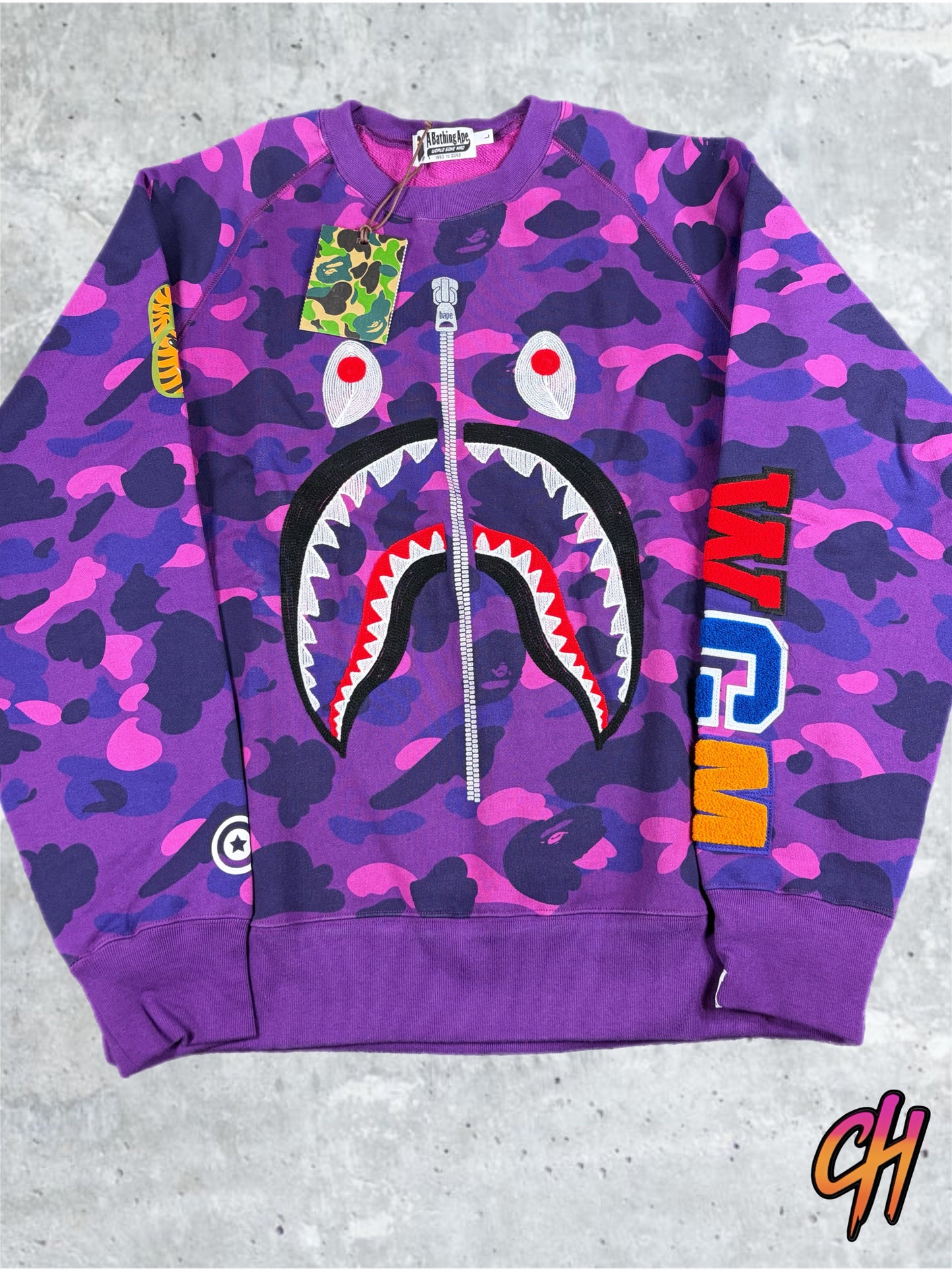 BAPE Color Camo Embroidery Shark Purple Crewneck Large