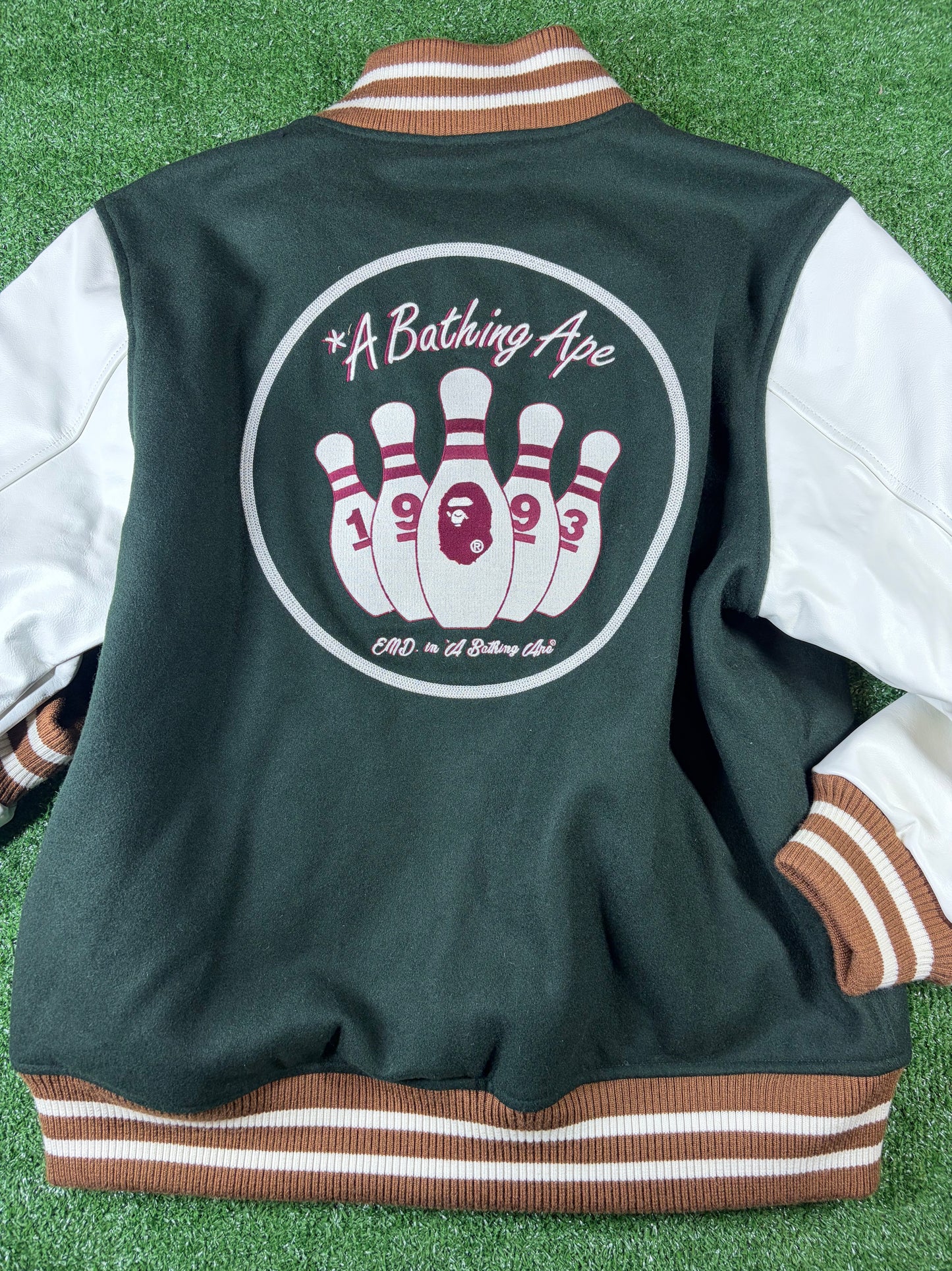 Bape X END. 'Bowling Pins' Green Varsity Jacket Size XL