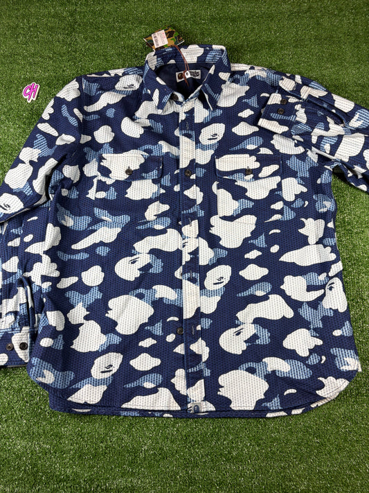 Bape Blue Waffle Thermal Camo Button-Up Shirt Size Large