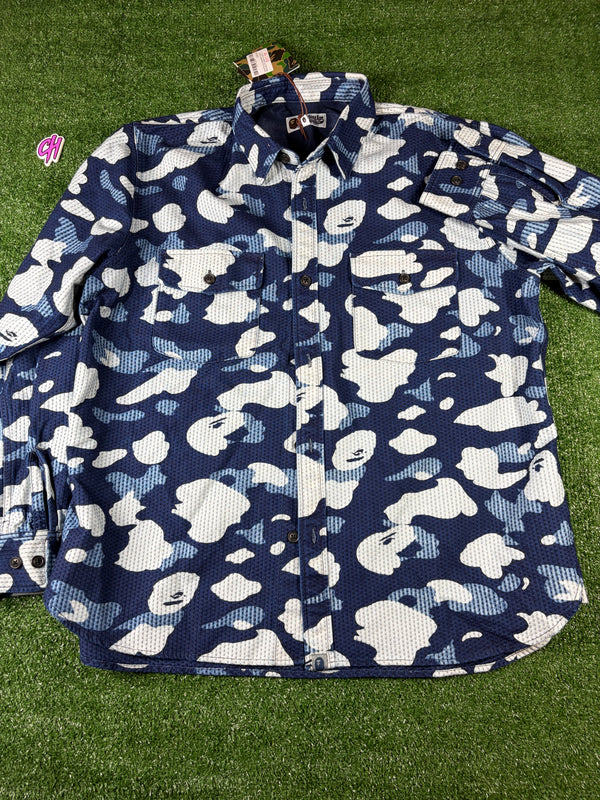 Bape Blue Waffle Thermal Camo Button-Up Shirt Size Large