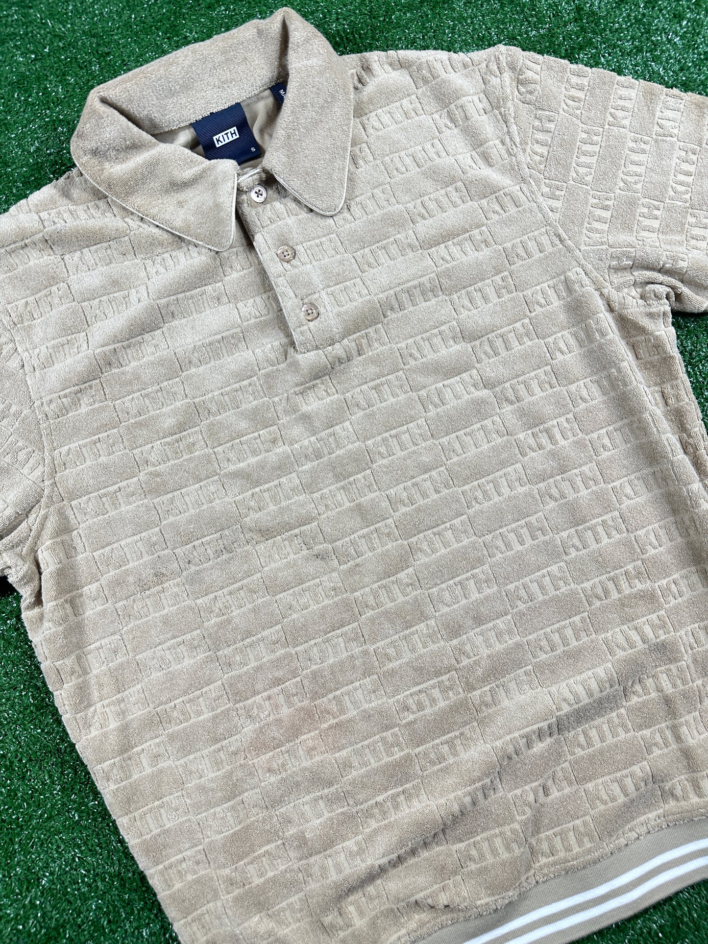 Kith Graham Velour Beige Men's Polo Shirt (STAINED) - Size Small