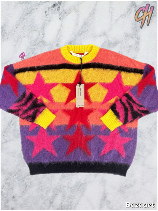 Palm Angels Womens Mohair Stars Sweater Yellow Purple Size Medium