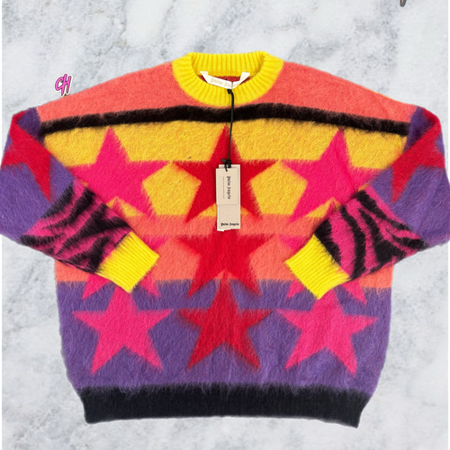Palm Angels Womens Mohair Stars Sweater Yellow Purple Size Medium