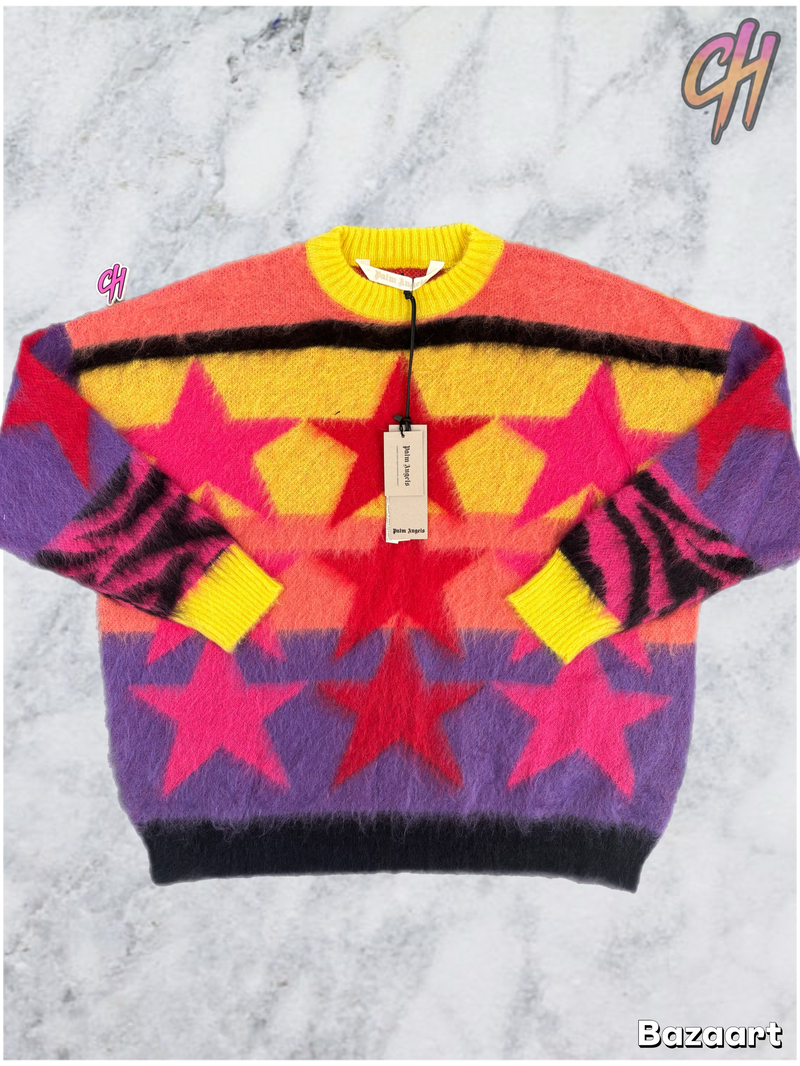 Palm Angels Womens Mohair Stars Sweater Yellow Purple Size Medium
