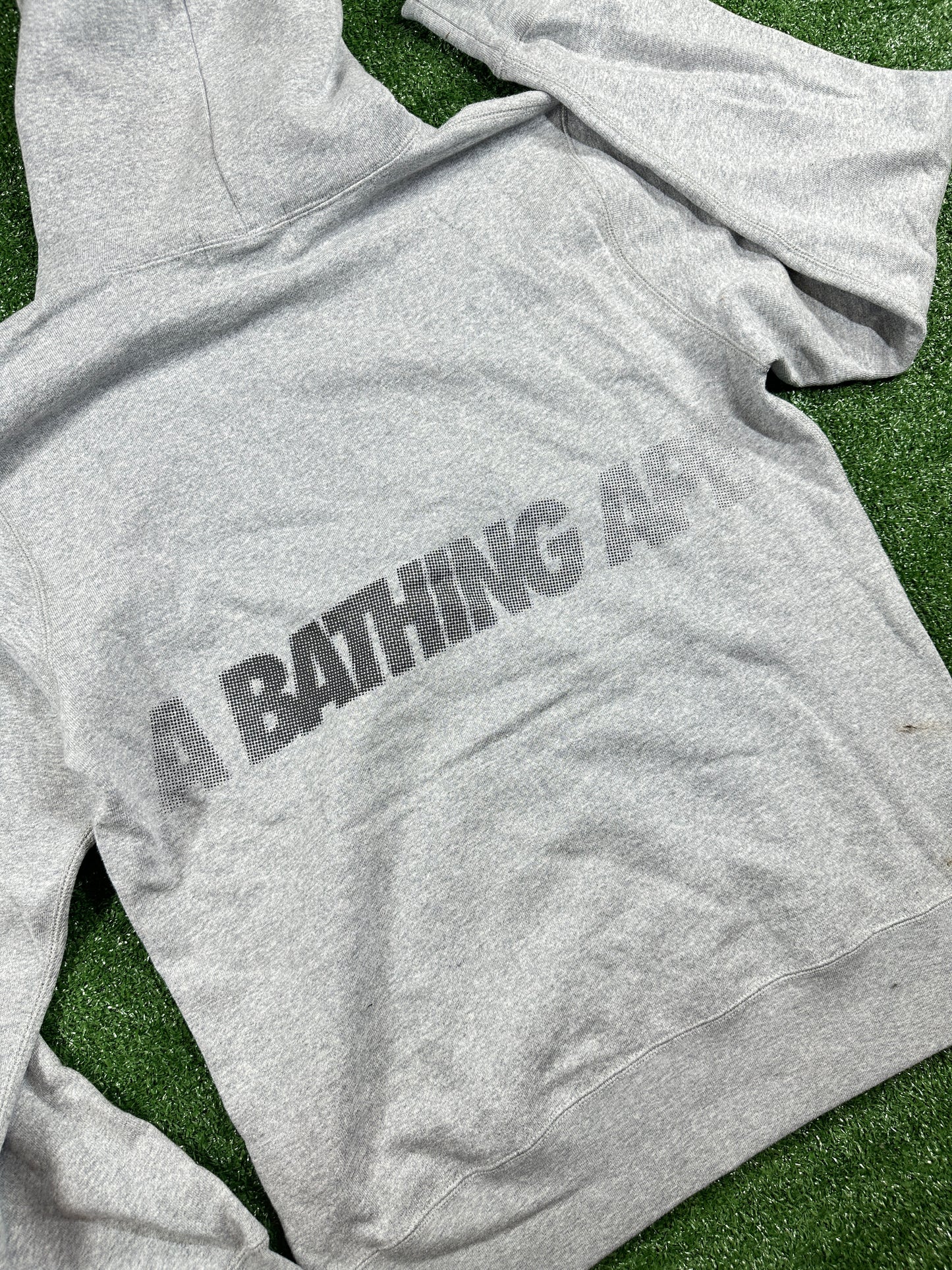 BAPE Grey 'Fading Logo' Pullover Hoodie (STAINED) - Size Large