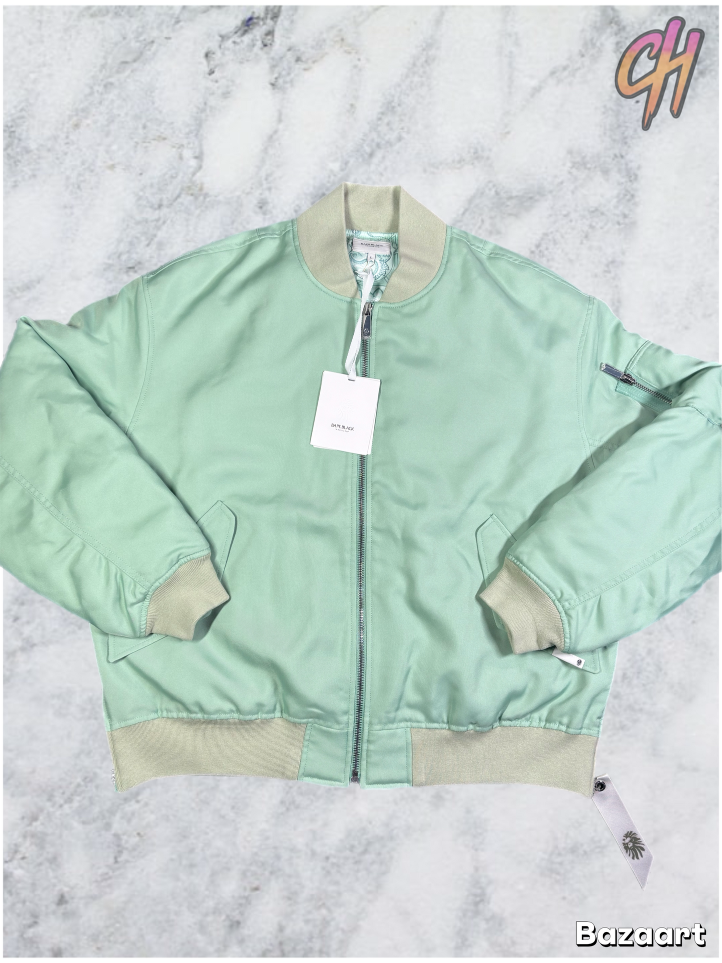 Bape Black Teal Satin Bomber Jacket Size Large (MSRP: $900.00)