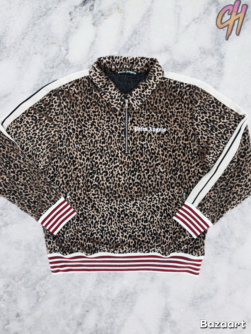 Palm Angels Leopard Print Quarter ZIp Track Sweatshirt Size XXL (MSRP: $810)