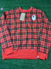 BAPE Logo Check Red Loose Fit Crewneck Sweater Size MD