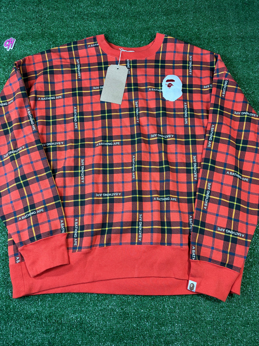 BAPE Logo Check Red Loose Fit Crewneck Sweater Size MD