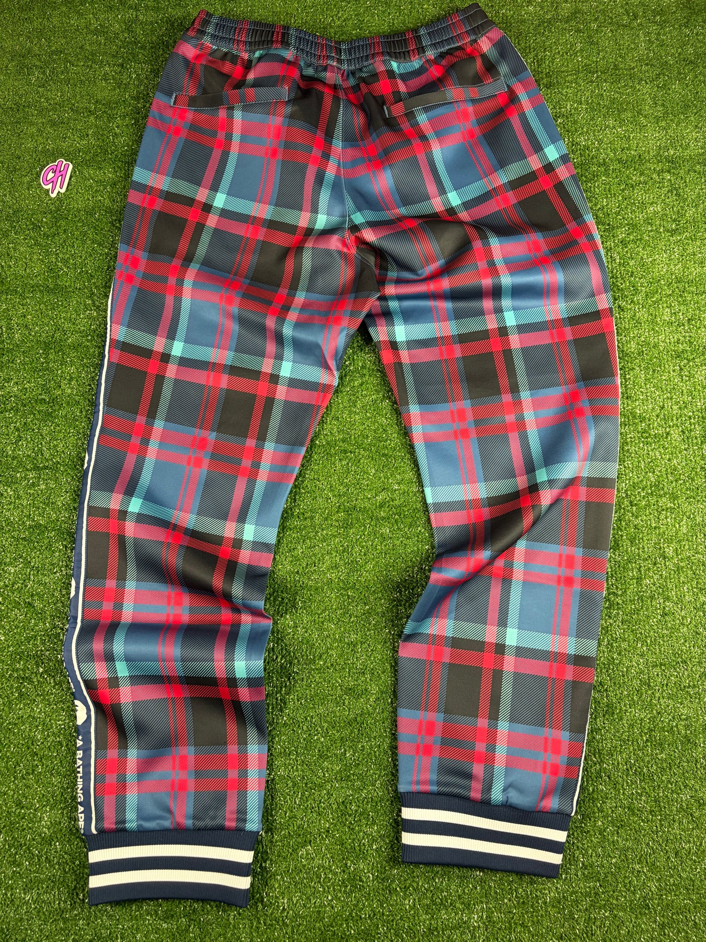 Bape Plaid Check Navy Jersey Track Pants Size XL