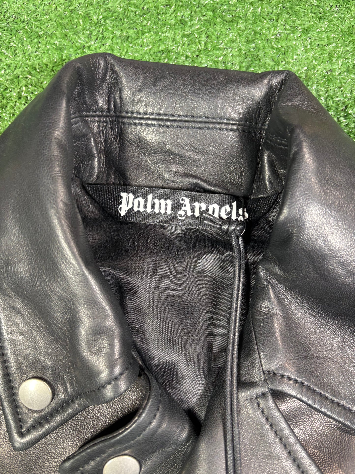 Palm Angels Burning Perfecto Logo Leather Jacket Size Small (MSRP:$3,590)