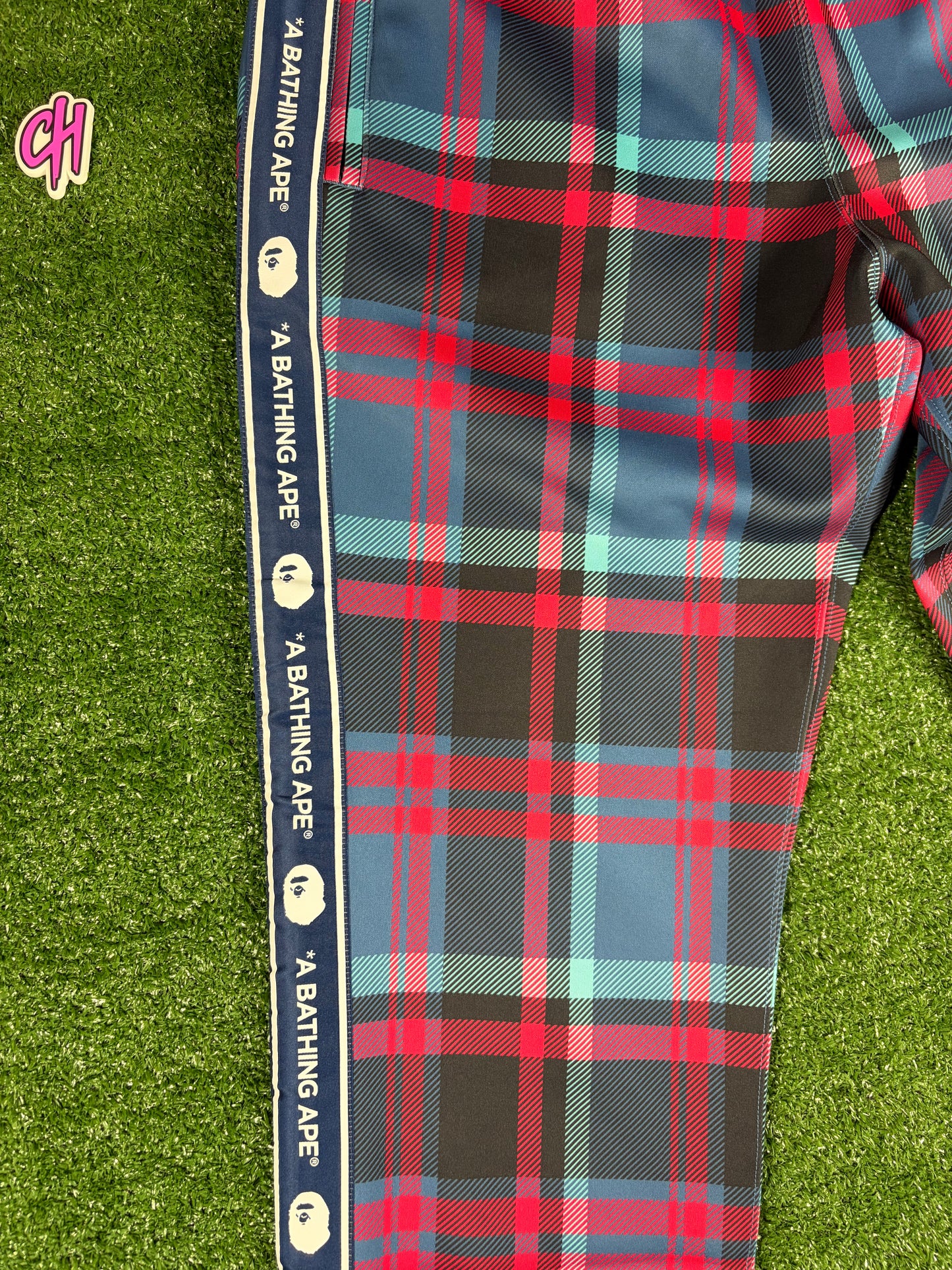 Bape Plaid Check Navy Jersey Track Pants Size XL
