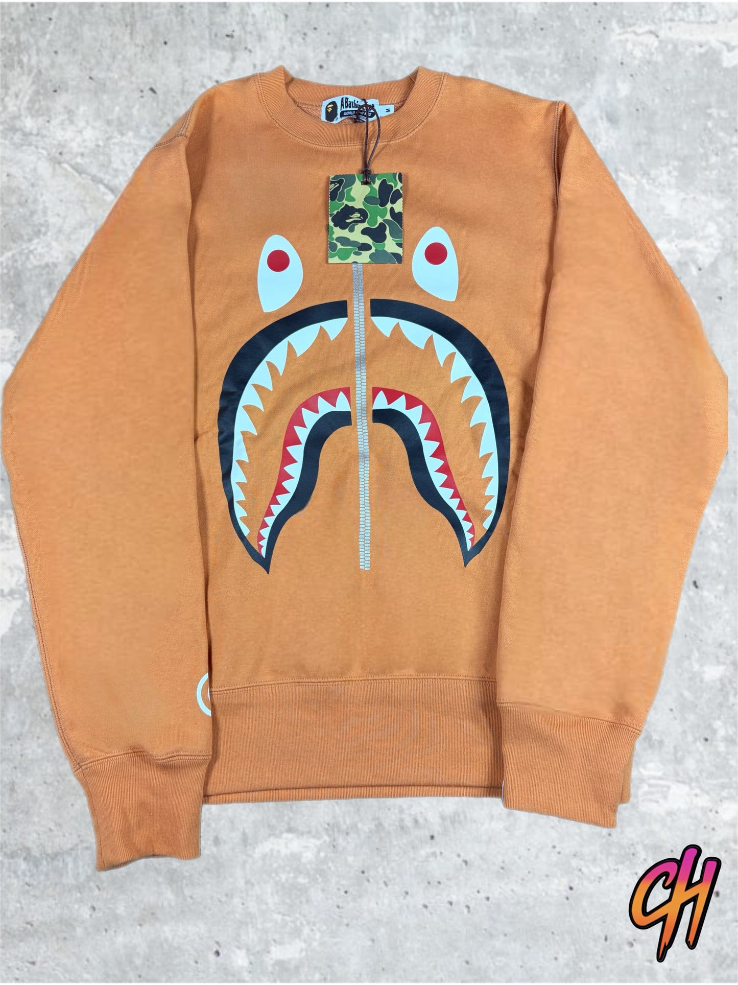 BAPE Embroidered Orange Shark Crewneck Sweater Large