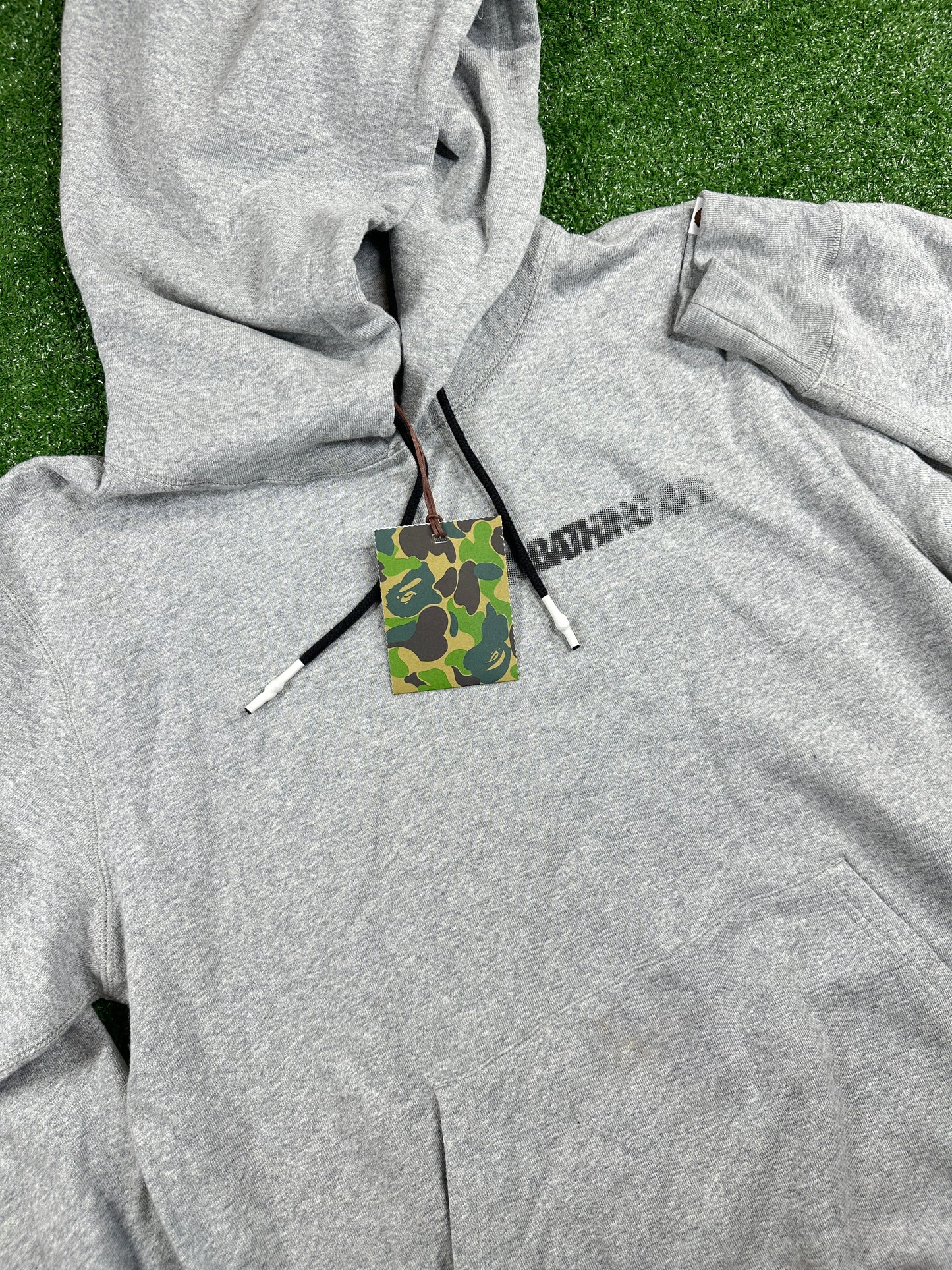BAPE Grey 'Fading Logo' Pullover Hoodie (STAINED) - Size Large