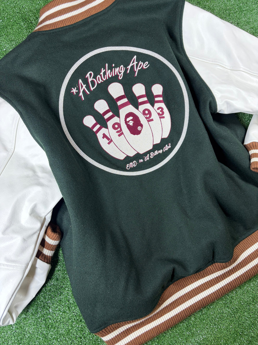 Bape X END. 'Bowling Pins' Green Varsity Jacket Size XL