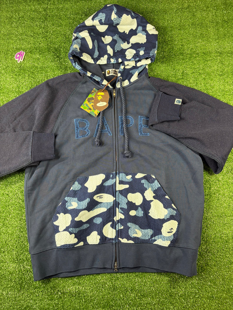 Bape X Sashiko Navy Camo Relaxed Full-Zip Hoodie Size Large