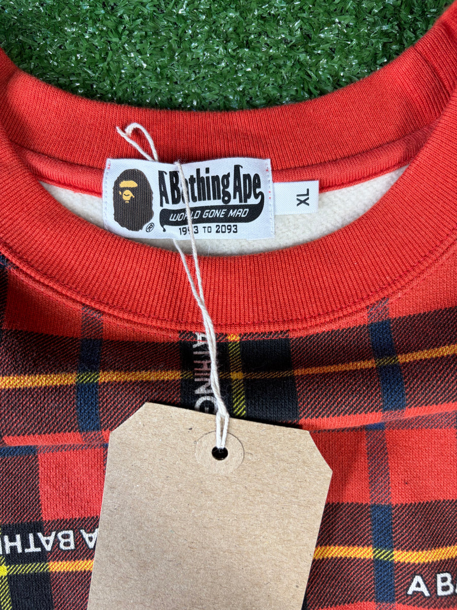 BAPE Logo Check Red Loose Fit Crewneck Sweater Size MD