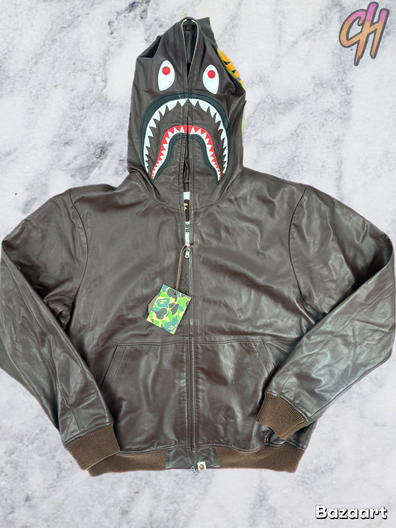 Bape Shark FW22 Full-Zip Brown Leather Jacket Size XL