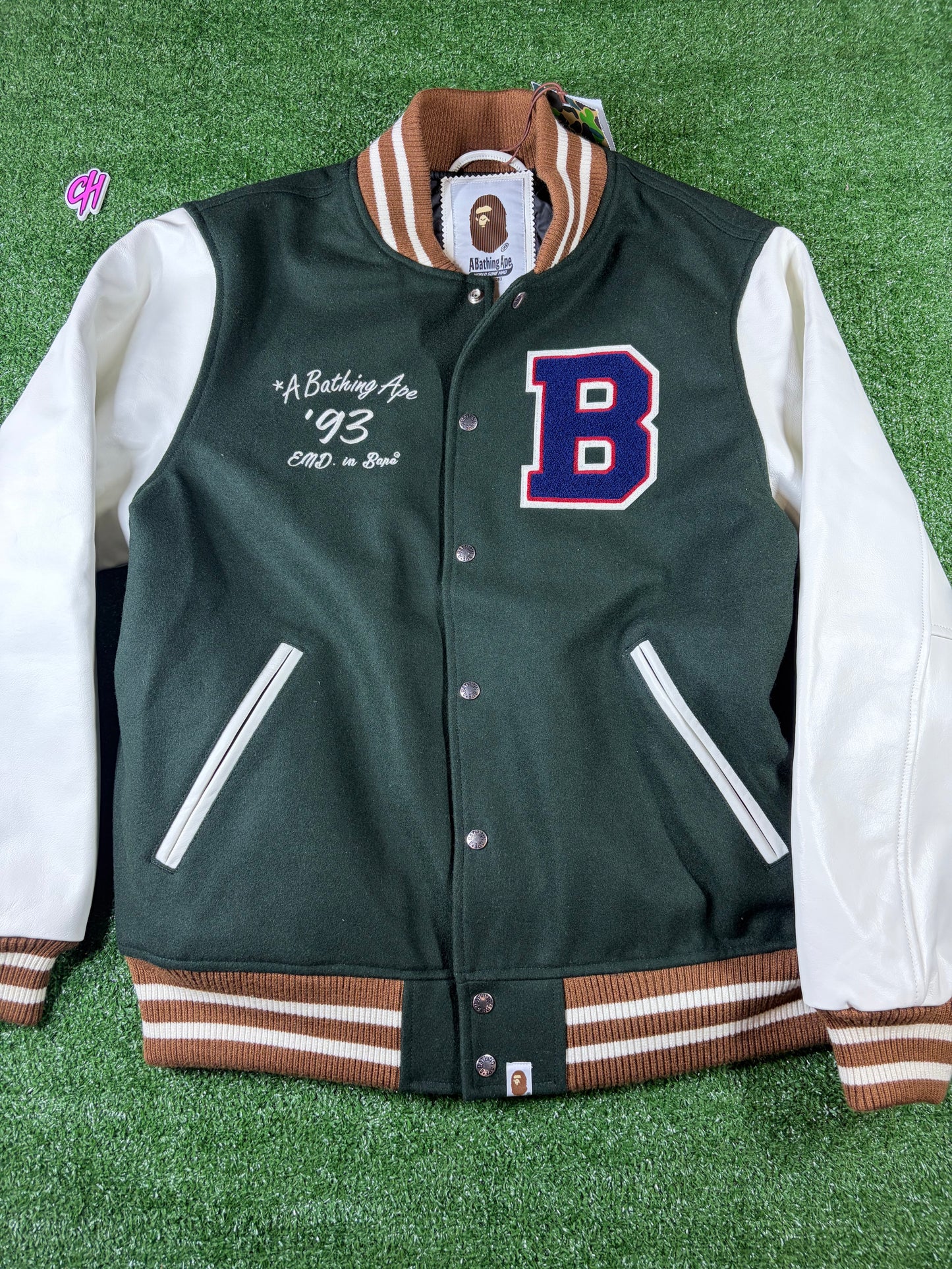 Bape X END. 'Bowling Pins' Green Varsity Jacket Size XL