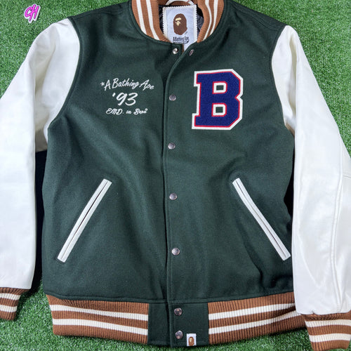 Bape X END. 'Bowling Pins' Green Varsity Jacket Size XL