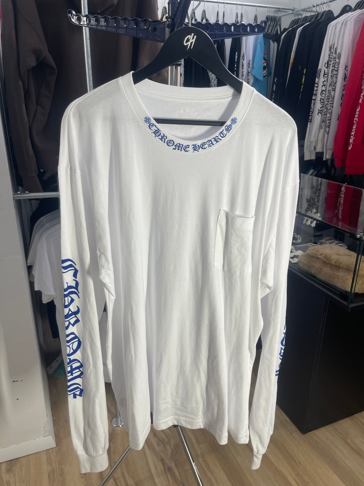 Chrome Hearts Blue Neck Logo White L/S Shirt - Size XXL Brand New