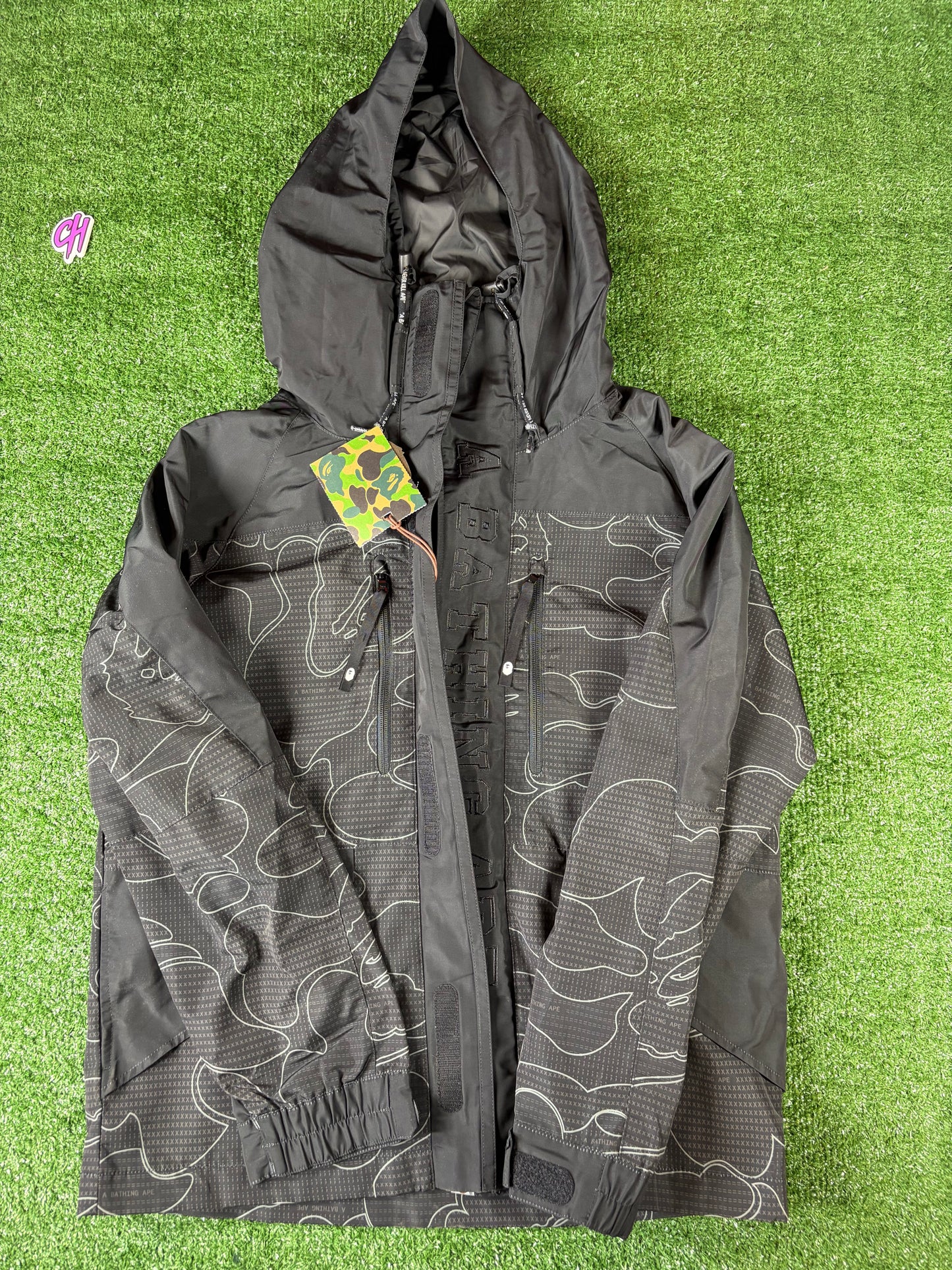BAPE Text Code Camo Hooded Black Jacket Size Medium