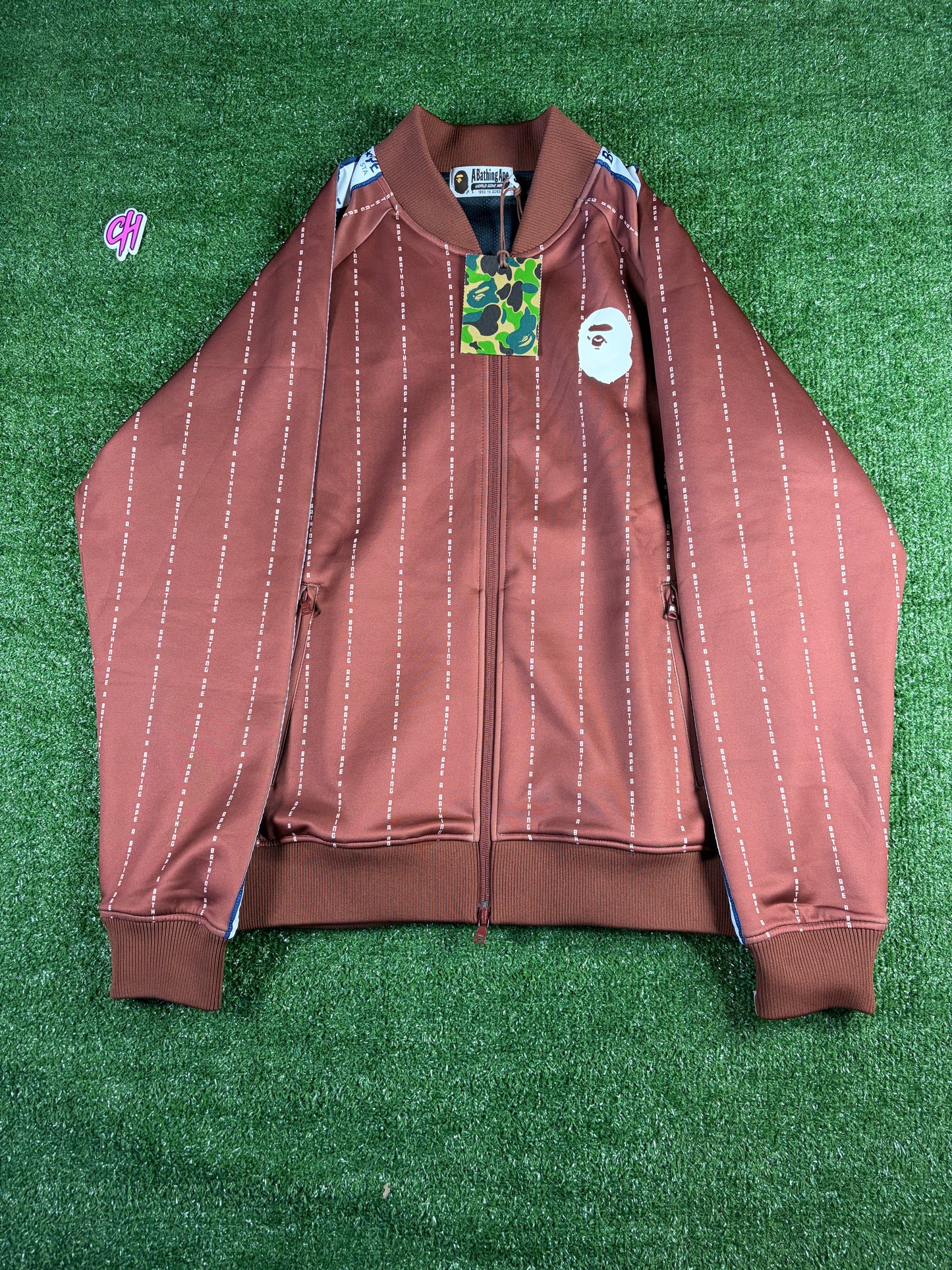 BAPE Text Stripe Full-Zip Brown Jersey Top Size Large