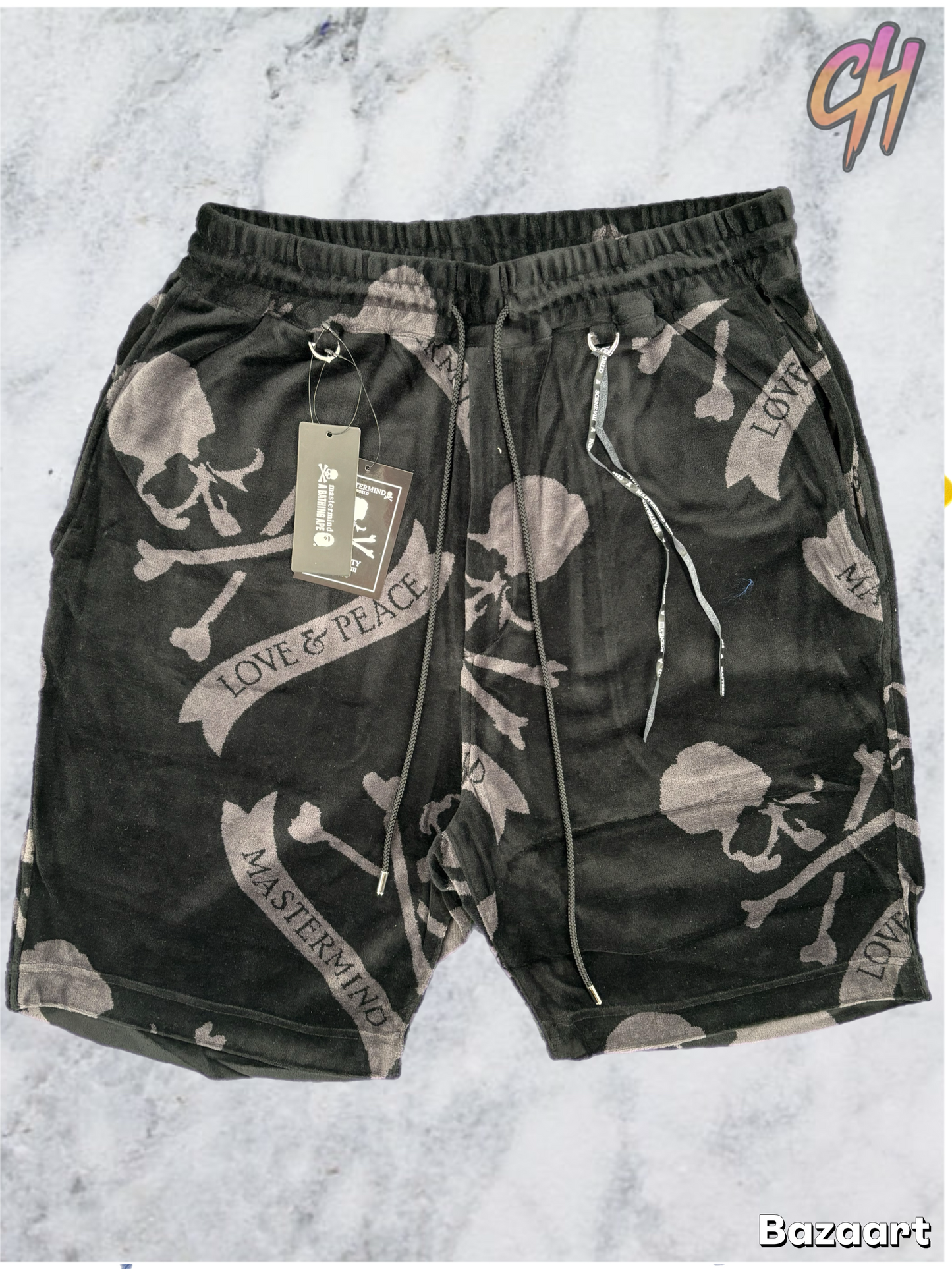 Mastermind World All Over Skull Velour Black Sweatshorts Size Large (MSRP: $1,290)
