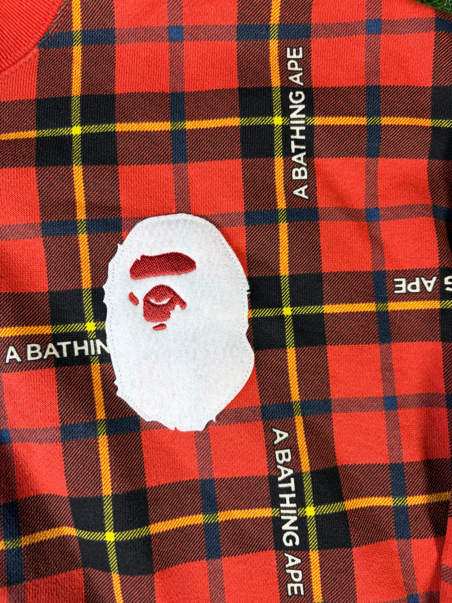 BAPE Logo Check Red Loose Fit Crewneck Sweater Size MD