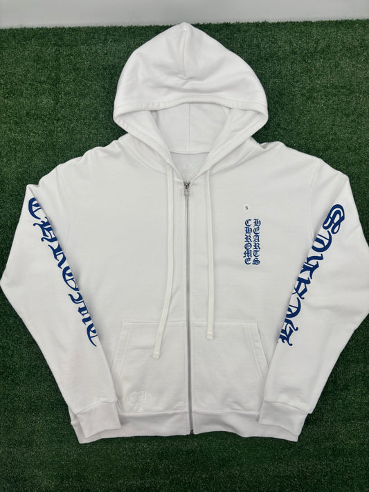 Chrome Hearts Blue Vertical Logo White Zip-Up Hoodie Size Small