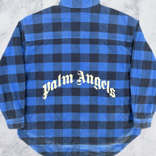 Palm Angels Curved Logo Blue/White Checkered Overshirt Size 50