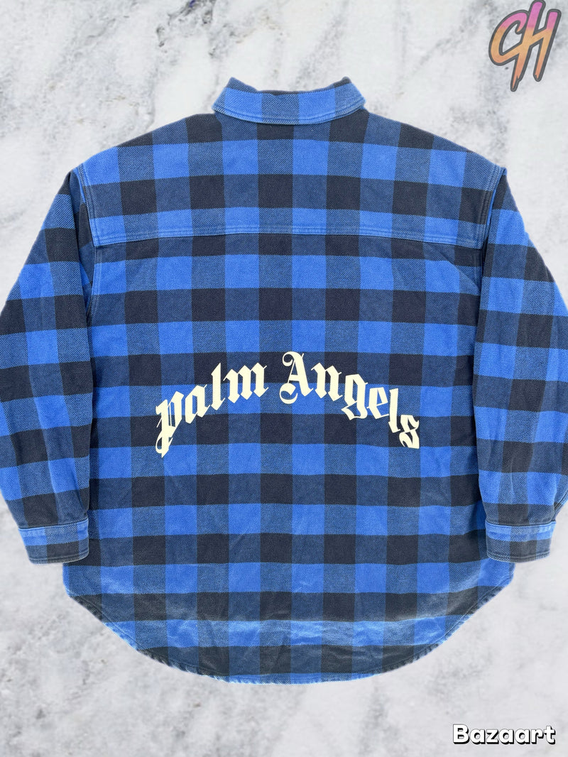 Palm Angels Curved Logo Blue/White Checkered Overshirt Size 50