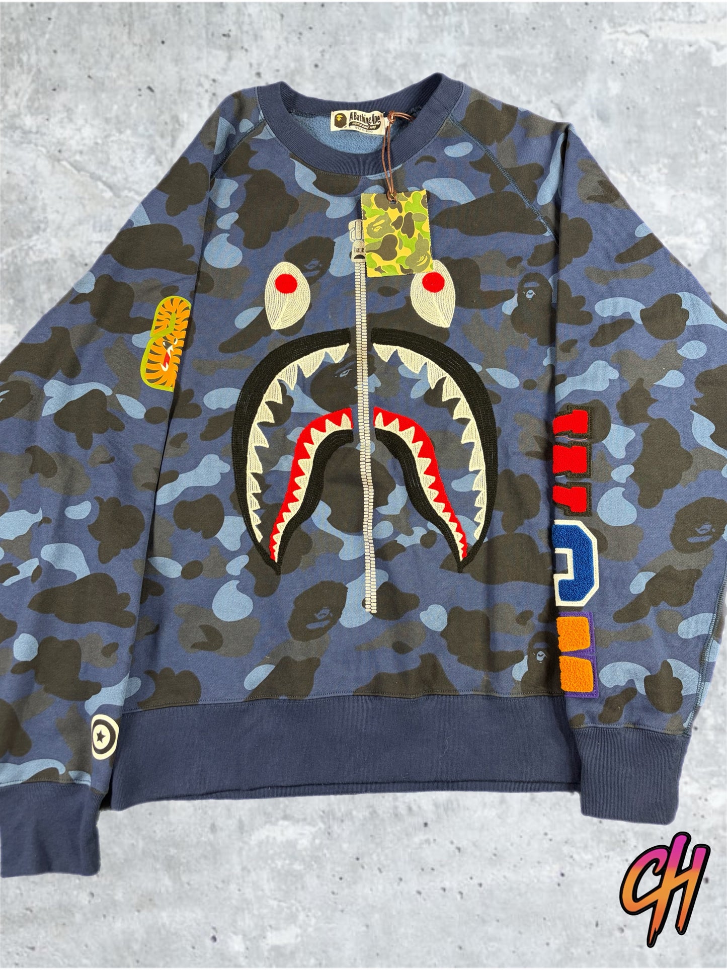 BAPE Color Camo Navy Embroidery Shark Crewneck Large