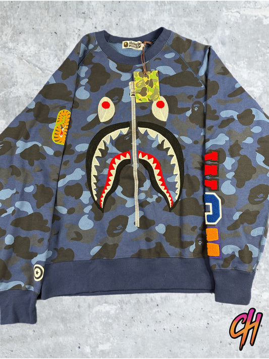 BAPE Color Camo Navy Embroidery Shark Crewneck Large
