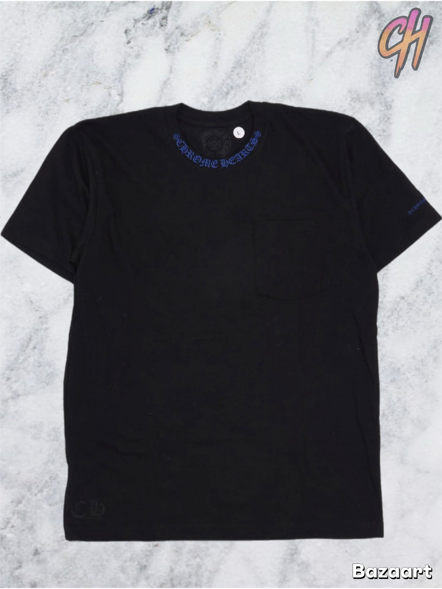 Chrome Hearts Blue Neck Logo Black S/S T-Shirt - Size Large