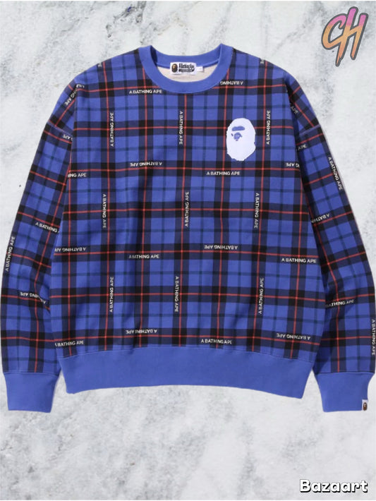 Bape Check Logo Loose Fit Blue Crewneck Sweater Size Small