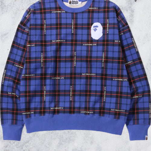 Bape Check Logo Loose Fit Blue Crewneck Sweater Size Small