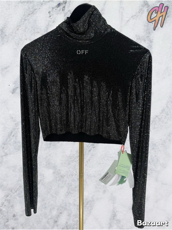 Off White Black Bling Sec Skin L/S Crop Top Size 40 (MSRP:$1265.00)