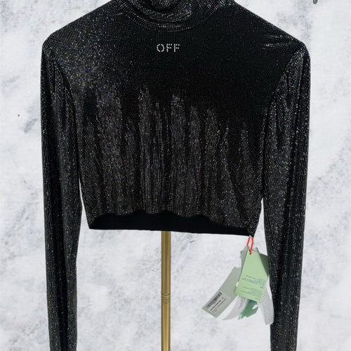 Off White Black Bling Sec Skin L/S Crop Top Size 40 (MSRP:$1265.00)
