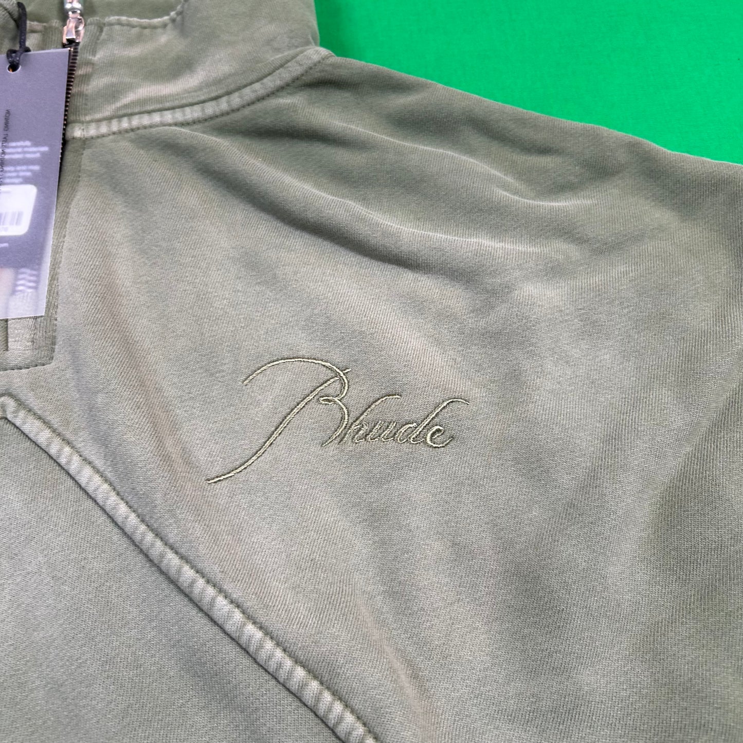 RHUDE Authentic Men's Sundry Olive Heavyweight Embroidered Quarter Zip Sweatshirt MD - MSRP: $750