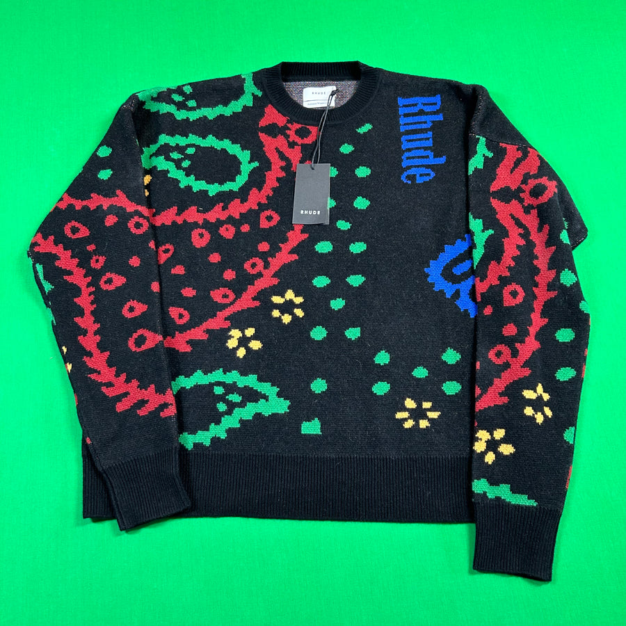 Rhude Bandana Knit Crewneck - Black/Red/Green MSRP $1,325