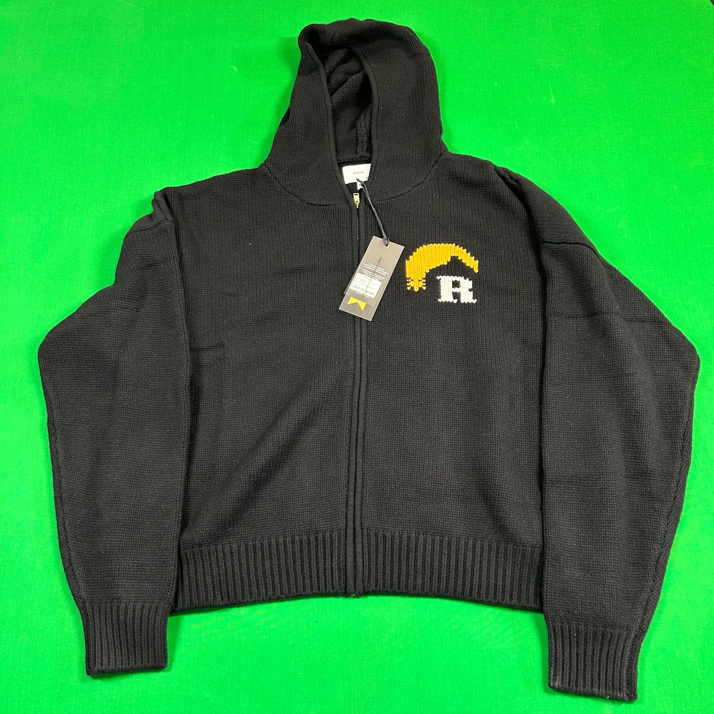 Rhude Moonlight Knit Zip Up Hoodie 'Black/Cream/Yellow' MSRP $2,233